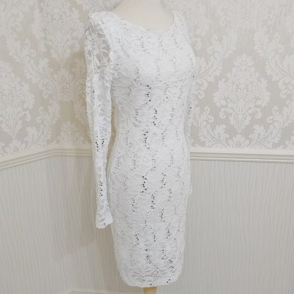 White Sequin Accents Party Cocktail Dress Long Sleeves Scoop Back Juniors Small - Picture 2 of 4